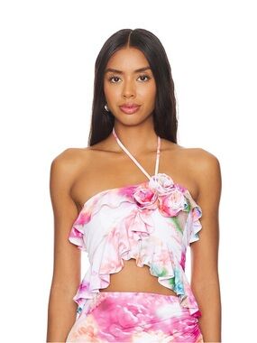 AFRM Pink Tie-Dye Floral Halter Crop Top
